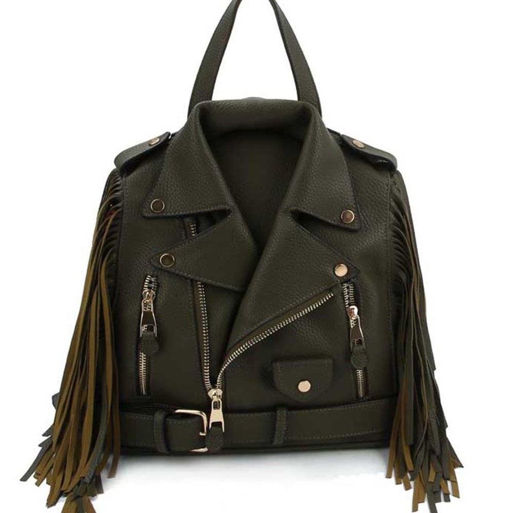 Leatherette Biker Jacket Handbag / Backpack, Olive